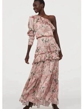 H&M Pink Floral One-Shoulder Ruffle Maxi Dress